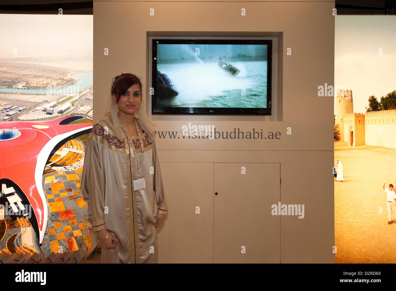 31. Januar 2013, London, UK. Die Zeiten der Ziele, die Urlaub und Reisen zeigen in London Earls Court. Stand der Abu Dhabi Tourism Authority. Stockfoto