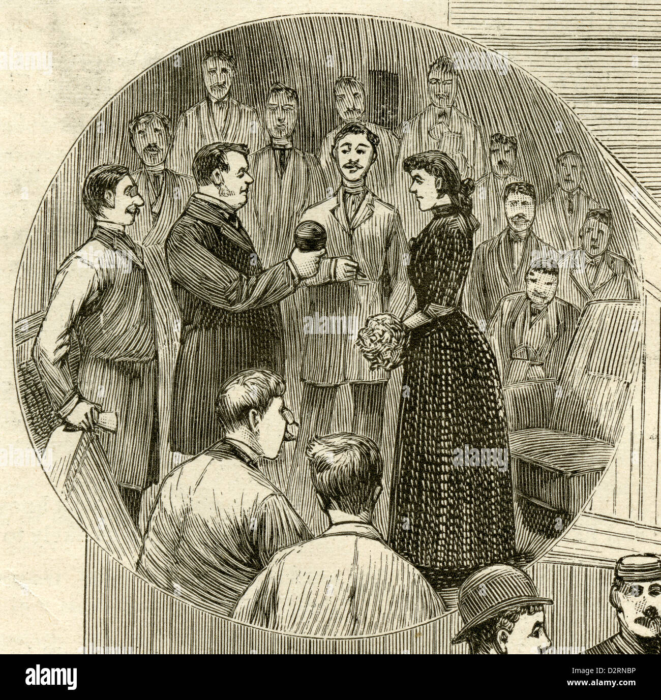 1890 wird Gravur, Nellie Bly nach dem erfolgreichen Abschluss ihrer Reise um die Welt mit einem Golden Globe präsentiert. Stockfoto