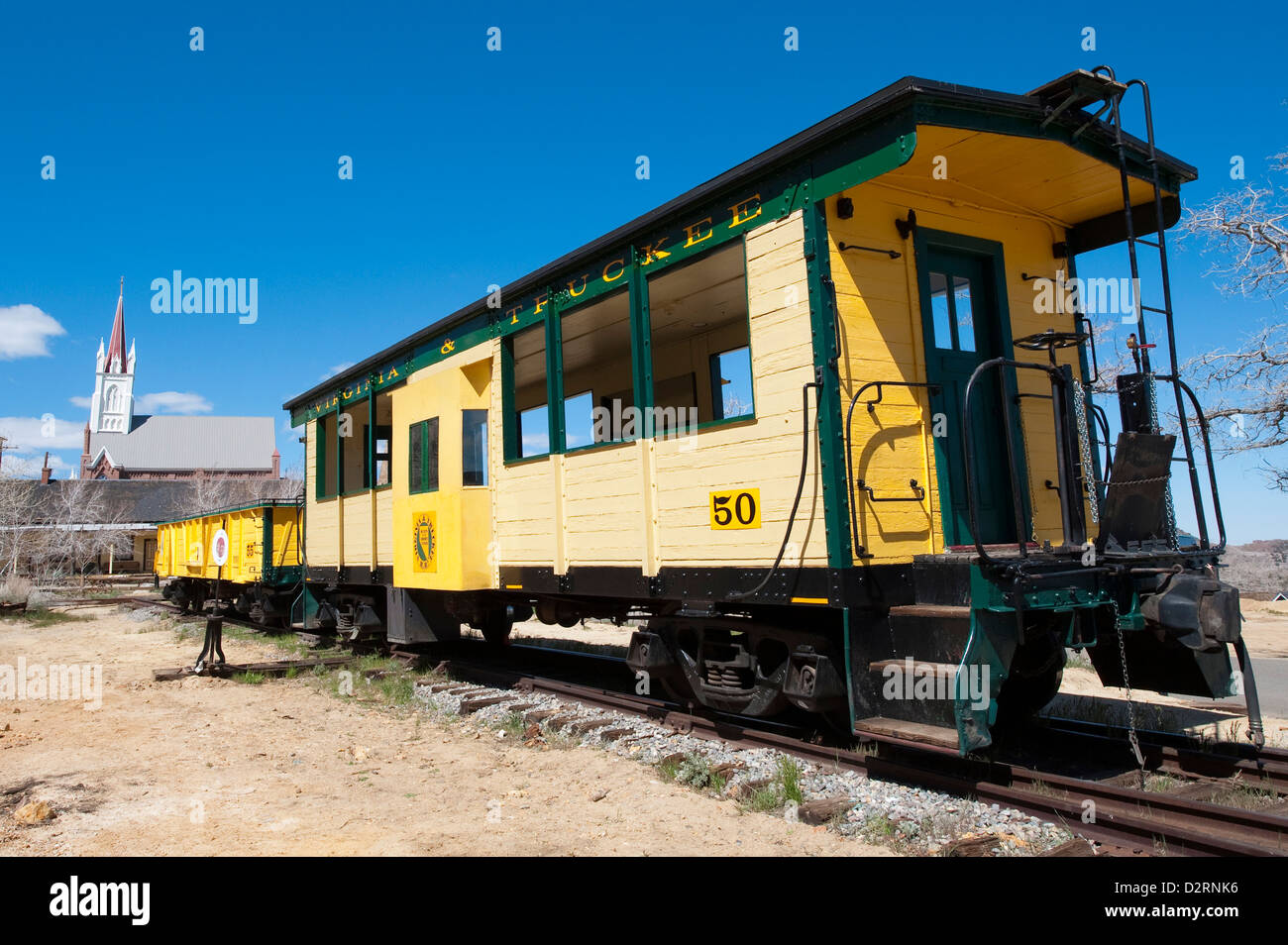 USA, Nevada. Alte Dampfmaschine Zug im Bahnhof der historischen Gold Hill, unsere Seite Virginia City, Nevada. Stockfoto