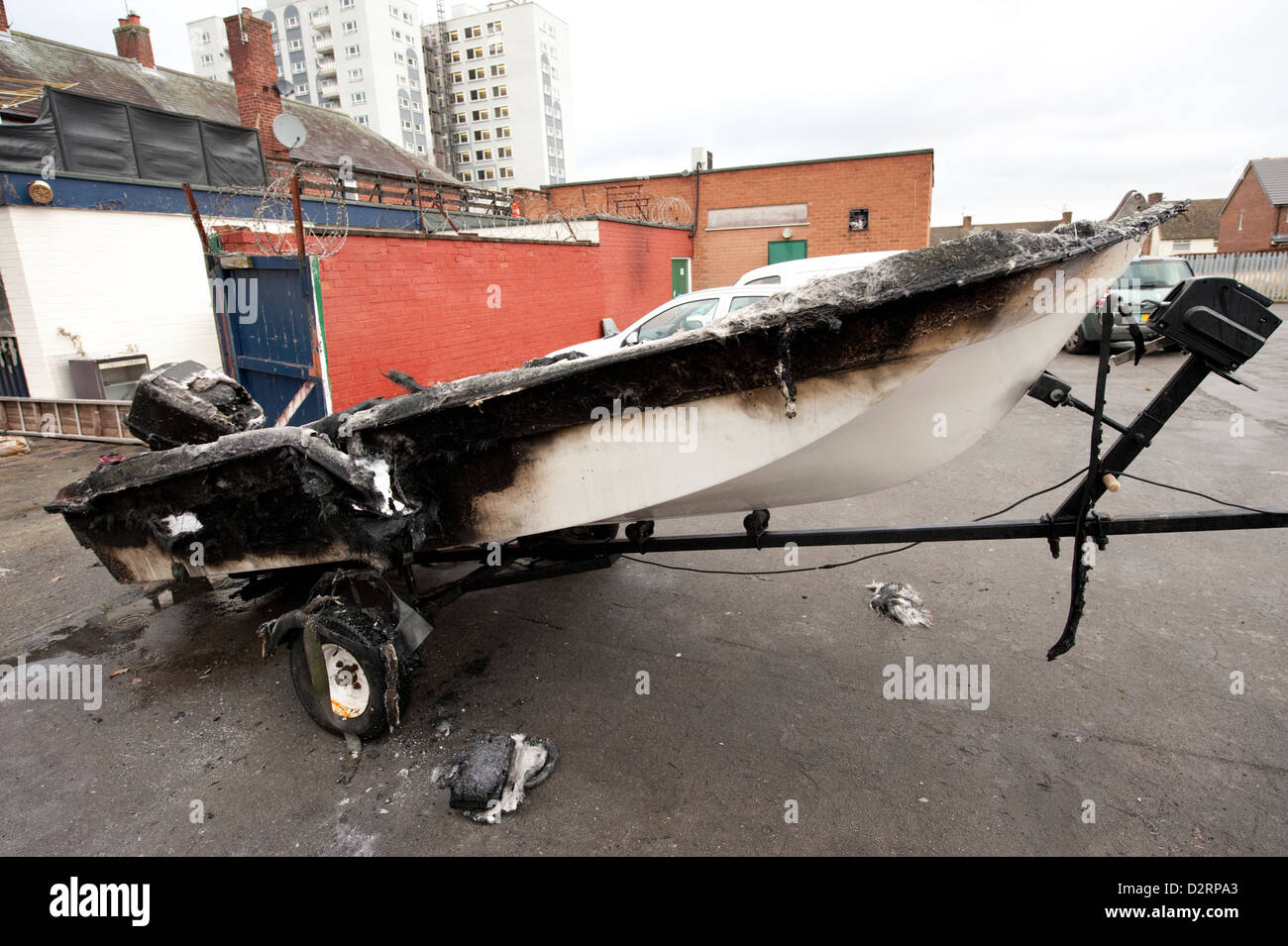 Motorboot Speedboat Feuer ausgebrannt Brandstiftung Stockfoto