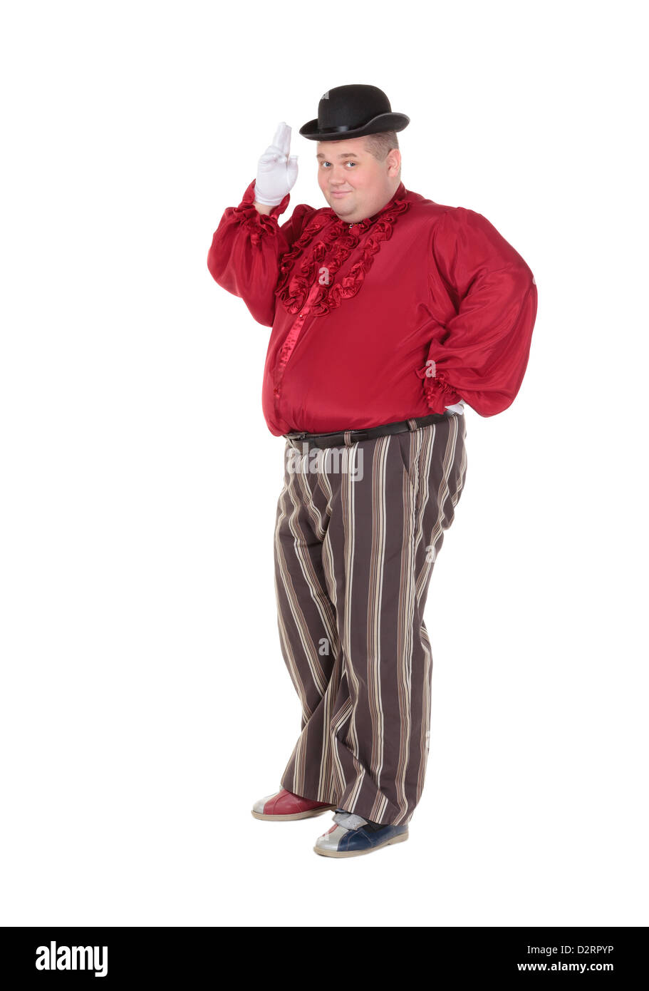 Sehr dicker Mann in einem roten Entertainer Kostüm und Bowler Hut, isoliert  auf weiss Stockfotografie - Alamy