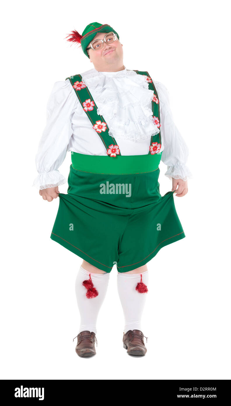 Lustigen dicken Mann tragen deutsche bayerische Tracht, isoliert auf weiss Stockfoto