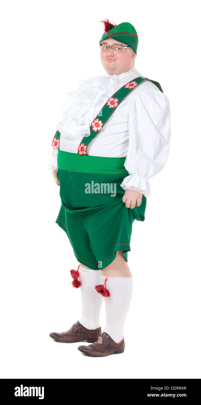 Lustigen dicken Mann tragen deutsche bayerische Tracht, isoliert auf weiss Stockfoto