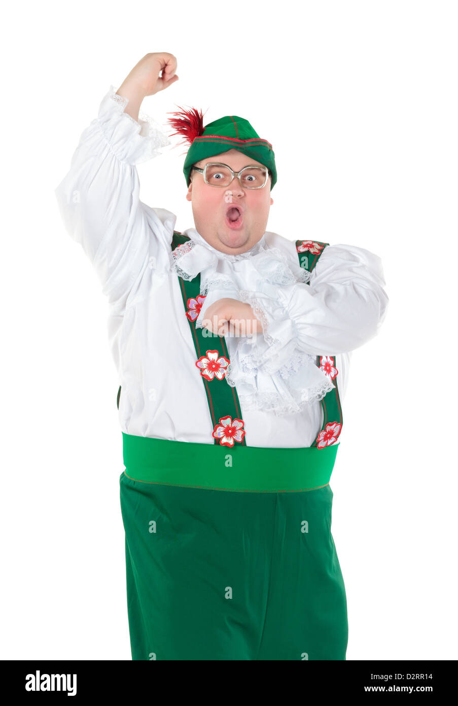 Lustigen dicken Mann tragen deutsche bayerische Tracht, isoliert auf weiss Stockfoto