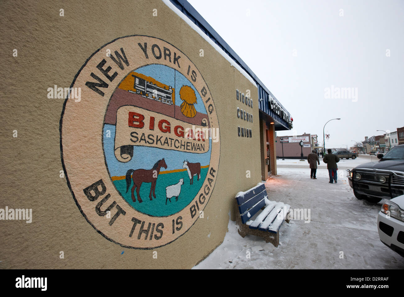 New York ist groß, aber dies ist Biggar Motto Zeichen Biggar Haupt Straße Saskatchewan Kanada Stockfoto