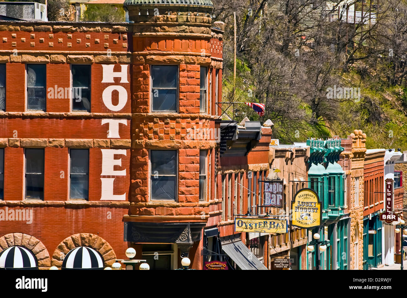 Historische Stadt Deadwood, nationaler historischer Grenzstein, 19. Jahrhundert Gebäude und Schilder Stadtbild, Black Hills, South Dakota Stockfoto
