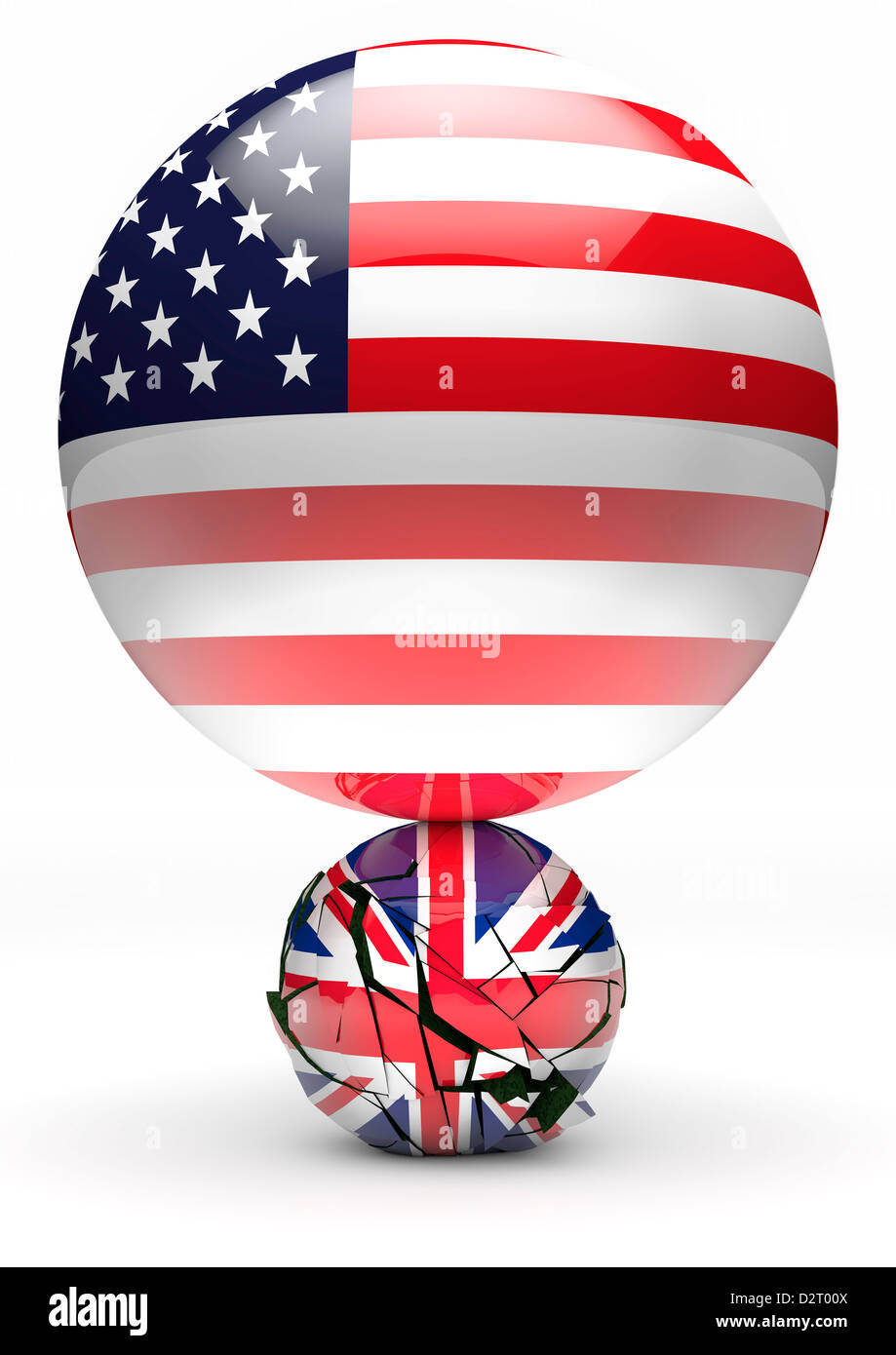 Große amerikanische Flagge Sphäre Zerkleinern von kleineren britischen union flag Kugel-concept Bild - Weißer Hintergrund Stockfoto