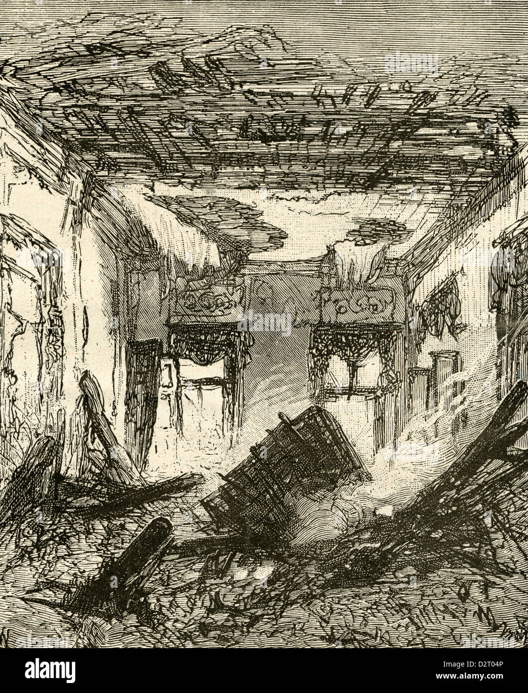 1890-Gravur, Belgien - die Zerstörung des königlichen Palastes in Laeken. Des Königs Privatzimmer. Stockfoto