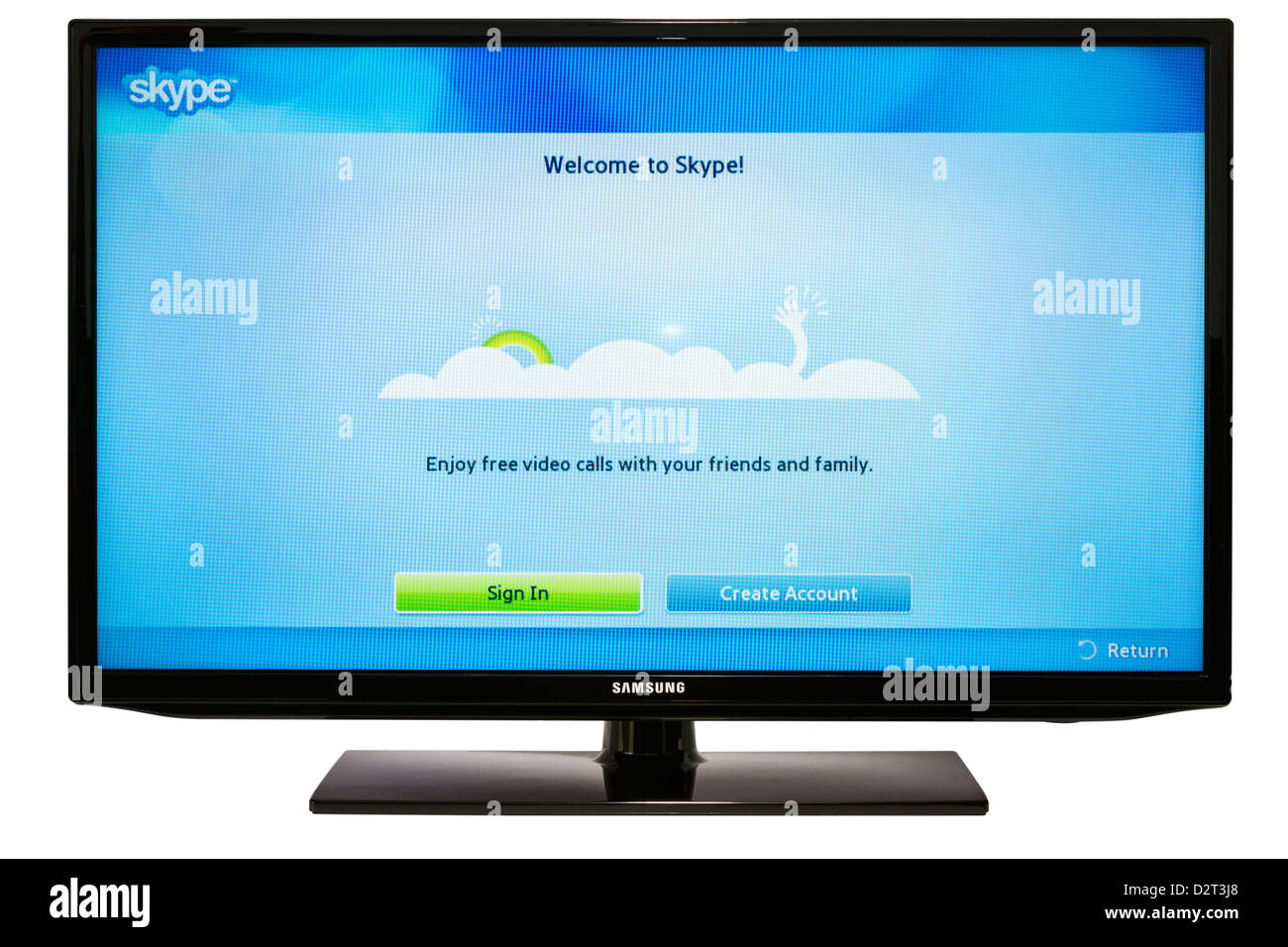 Skype ist die app für Ihren Samsung Smart TV. Breitbild-Skype-Videoanrufe aus dem Komfort von Ihrem Wohnzimmer zu genießen! Stockfoto