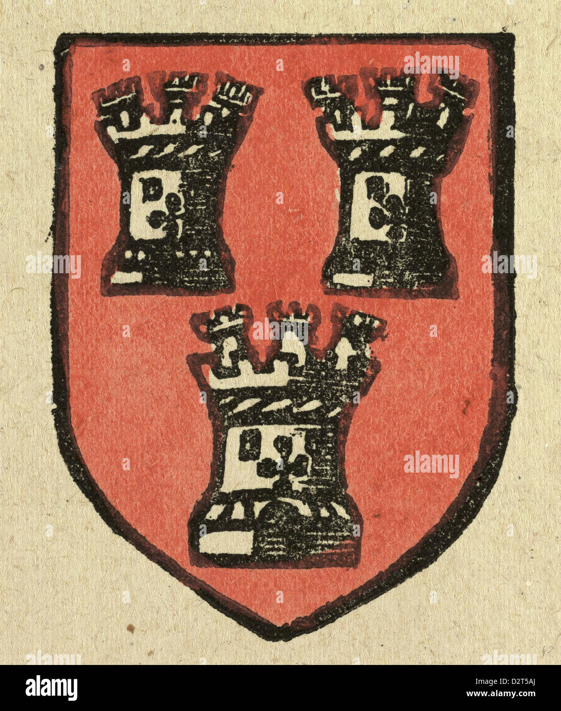 Darstellung der englischen Märchen Märchen und Balladen. Ein Wappen mit drei Burgen Stockfoto