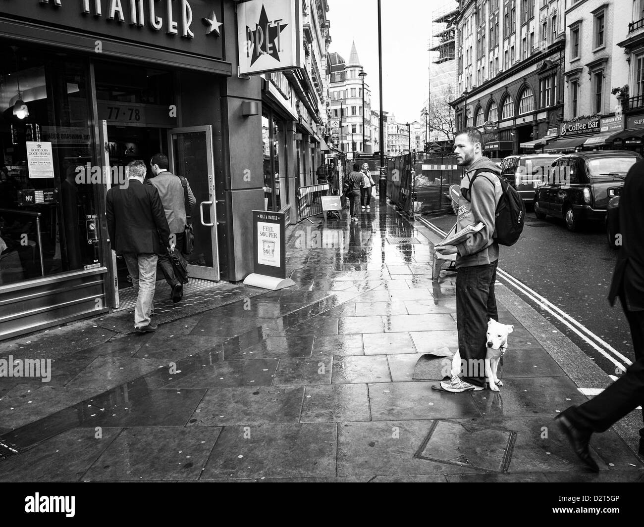 ein Mann verkauft Big Issue Papers im Regen mit seinem Hund auf einer Londoner Straße vor einem Restaurant der Stockfoto