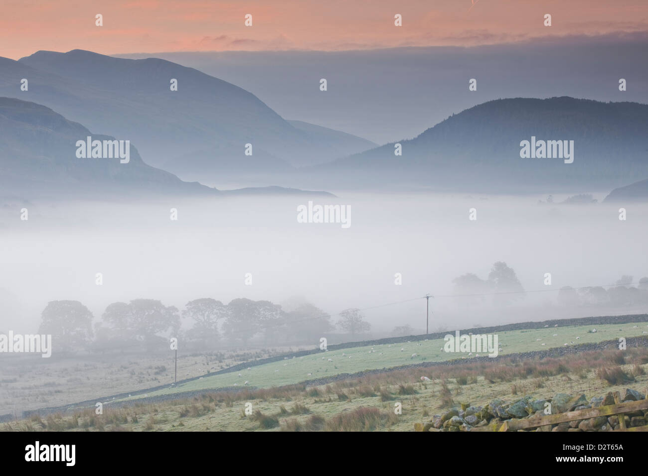 Ein starker Nebel im Tal, unterhalb der hohen Rigg im Lake District National Park, Cumbria, England, Vereinigtes Königreich, Europa Stockfoto
