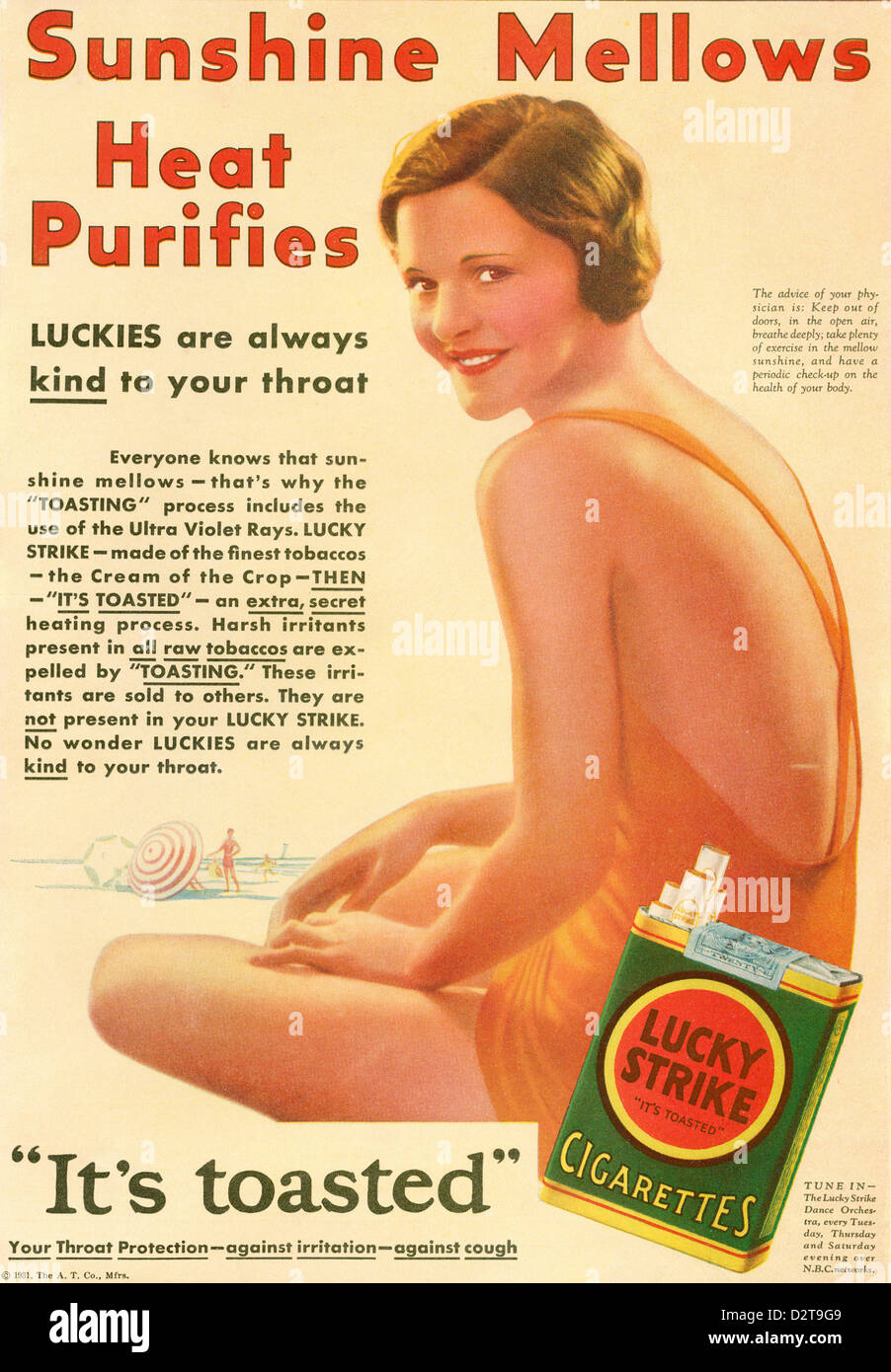 Eine 30er Jahre Werbung für Lucky Strike Zigaretten. Stockfoto