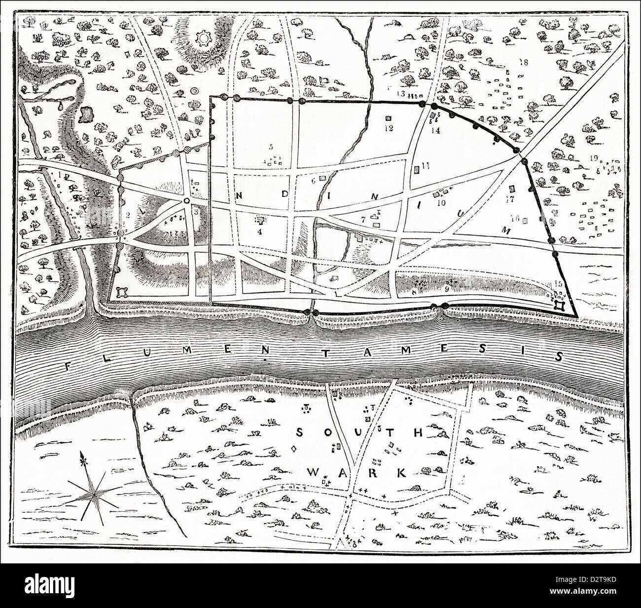 Plan des römischen London mit Stadtmauern und viktorianischer Holzschnitt-Gravur an der Themse um 1845 Stockfoto