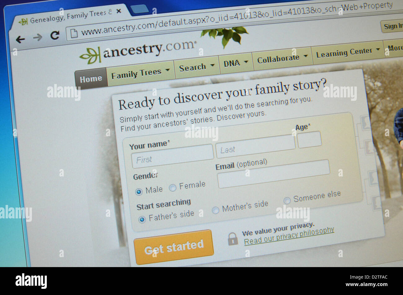 Ancestry.com Website screenshot Stockfoto