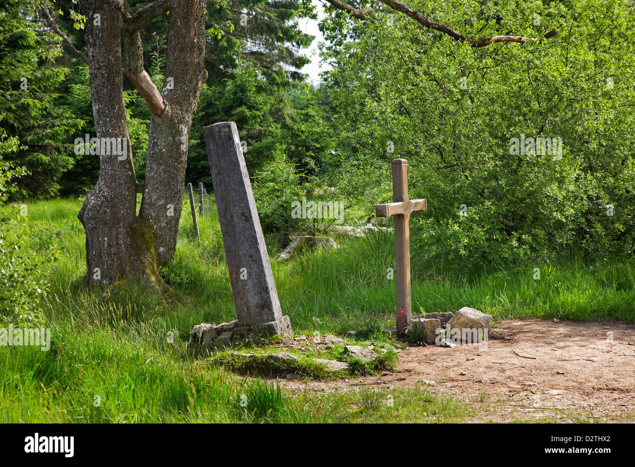 Croix des Fiancés / der Verlobten und Grenze Post in das hohe Venn Cross / Hautes Fagnes, Ardennen, Lüttich, Belgien Stockfoto