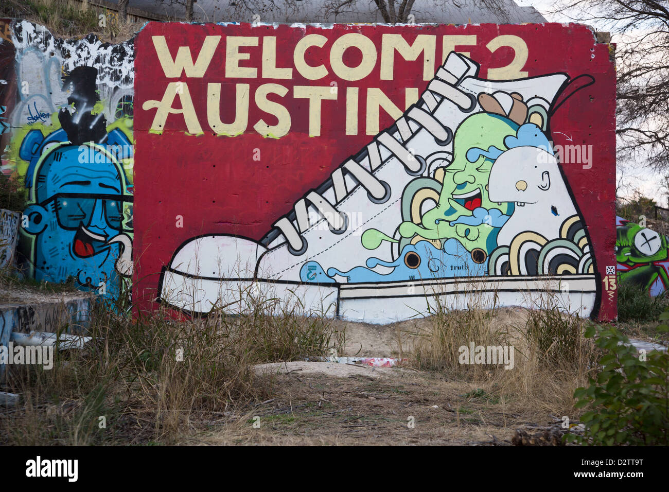 Willkommen Sie bei Austin Wandbild am Burgberg von Michael Johnston, der Graffiti-Künstler, bekannt als "Wahrheit" Stockfoto