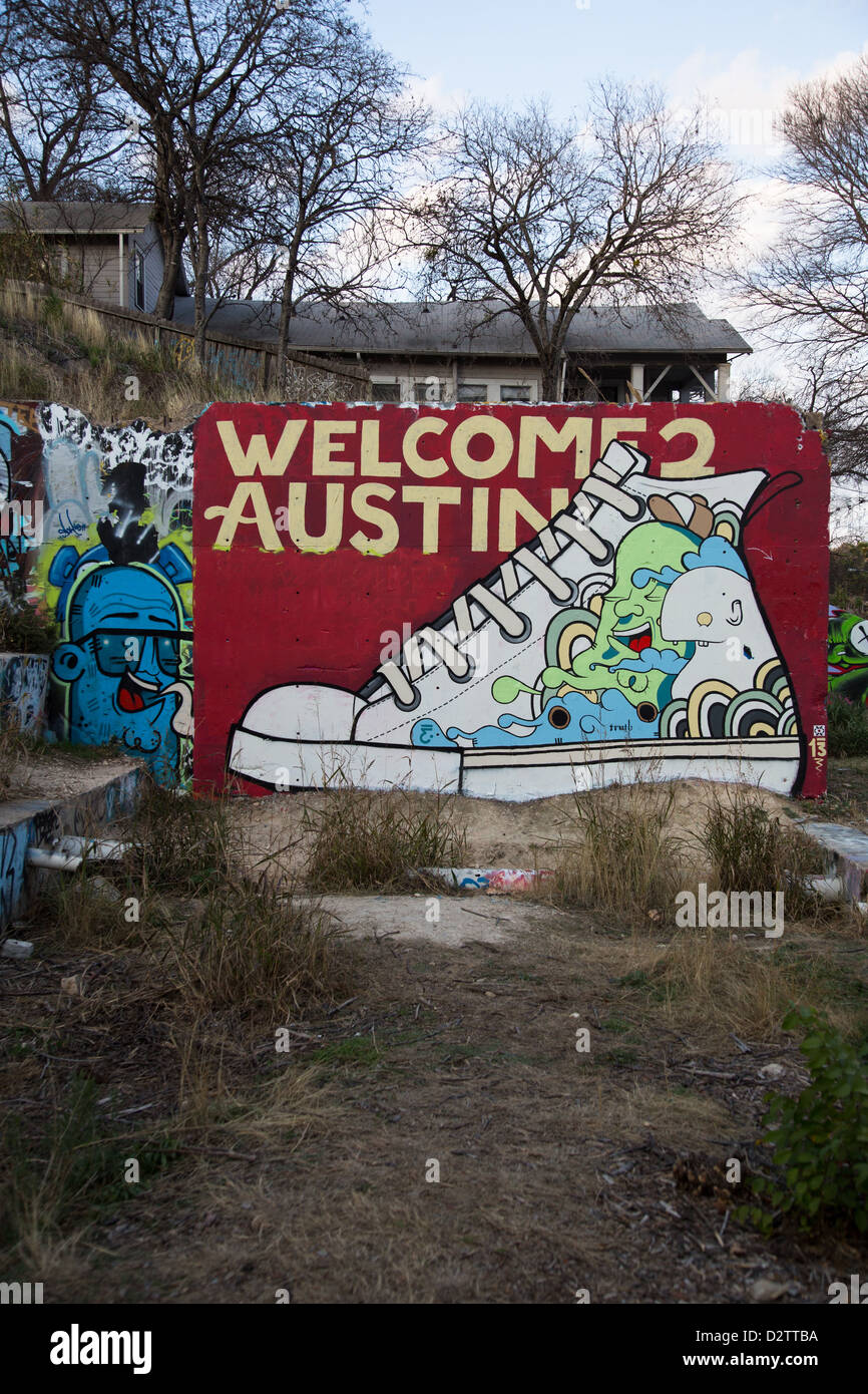 Willkommen Sie bei Austin Wandbild am Burgberg von Michael Johnston, der Graffiti-Künstler, bekannt als "Wahrheit" Stockfoto