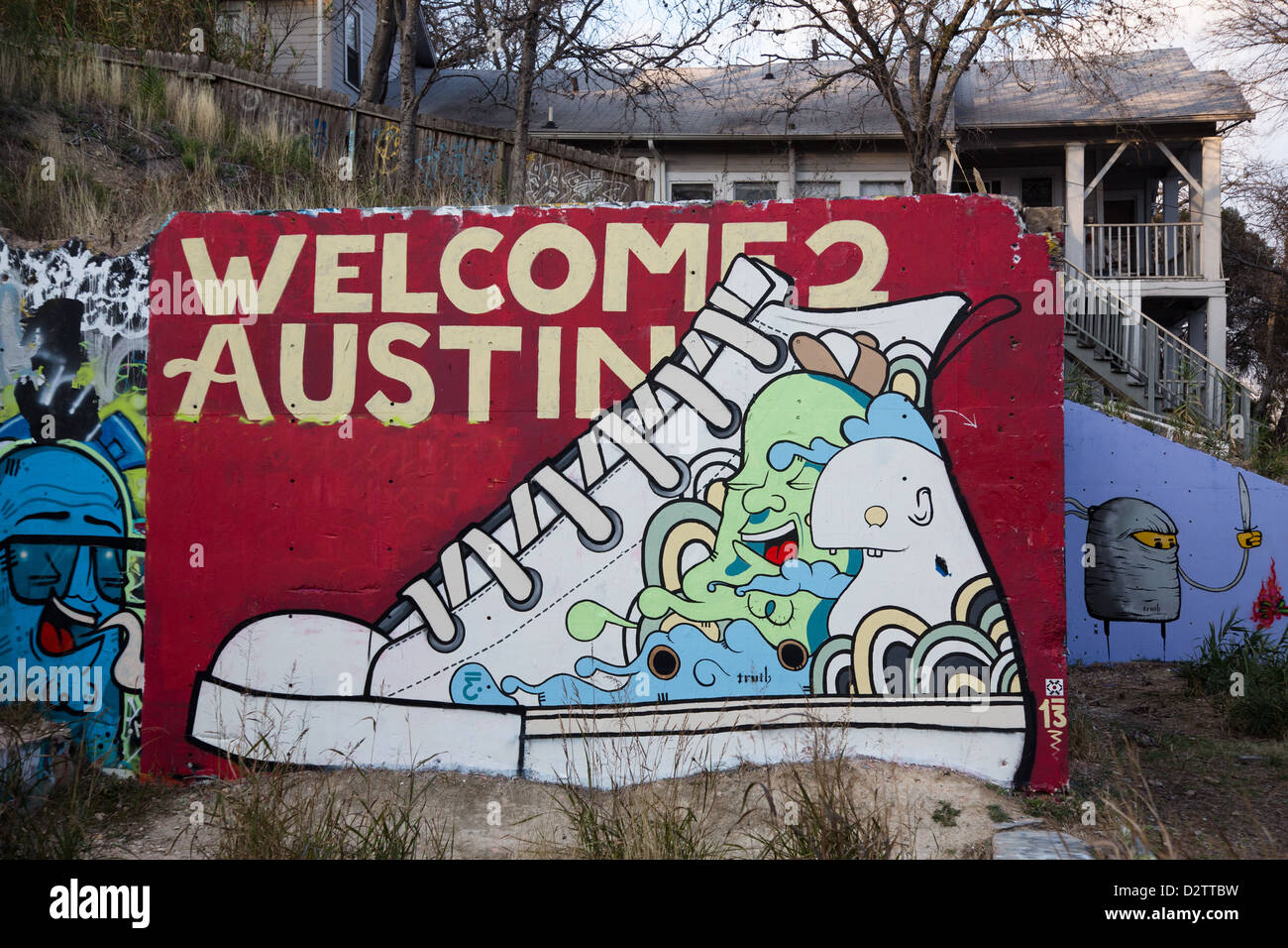 Willkommen Sie bei Austin Wandbild am Burgberg von Michael Johnston, der Graffiti-Künstler, bekannt als "Wahrheit" Stockfoto