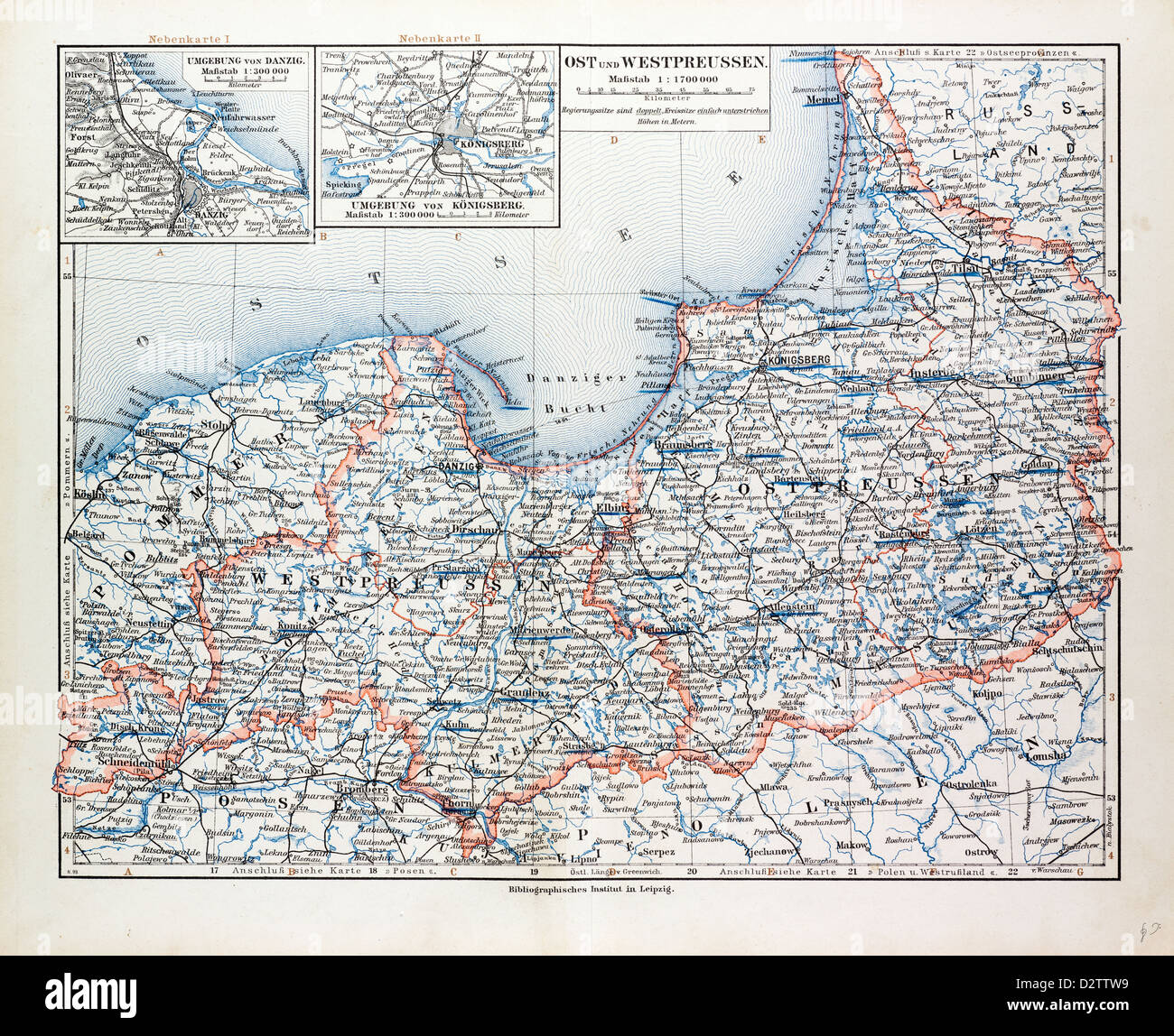 KARTE VON OST- UND WESTPREUßEN KÖNIGSBERG (KALININGRAD RUSSLAND) UND