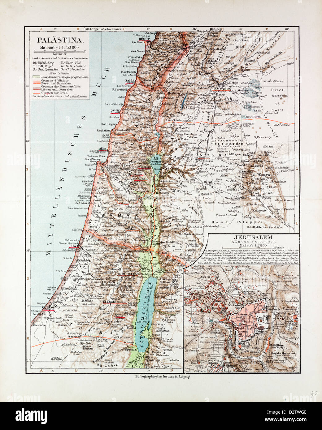 KARTE VON ISRAEL JERUSALEM DEM SÜDLICHEN TEIL VON SYRIEN LIBANON DEN WESTLICHEN TEIL VON JORDANIEN 1899 Stockfoto