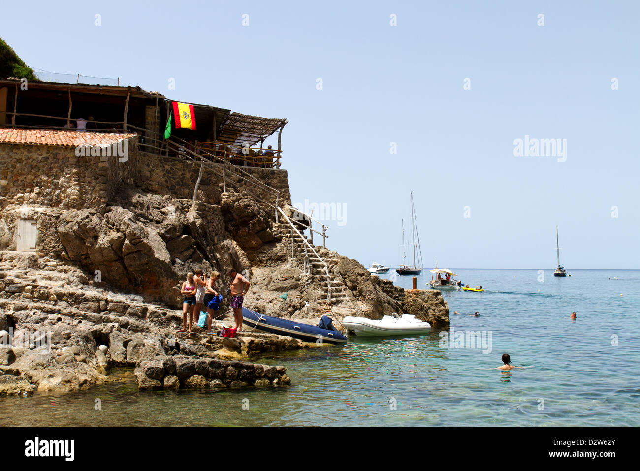 Das Fischrestaurant von Roocky Strand von Deya, Mallorca. Stockfoto