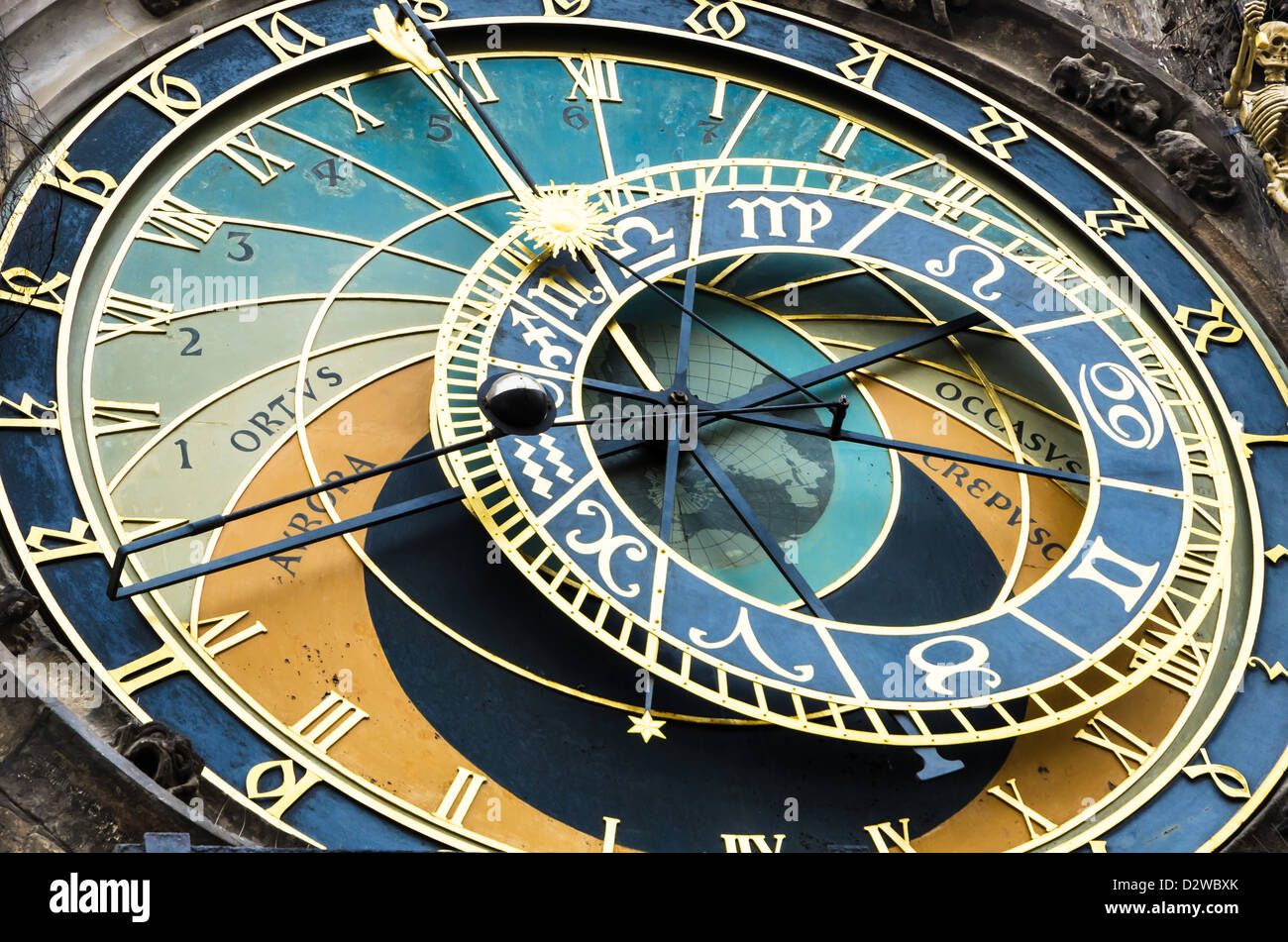 Astronomische Uhr in Prag entstand im 15. Jahrhundert, zeigen alte böhmische Zeit, Real-Time und des Tierkreises. Stockfoto