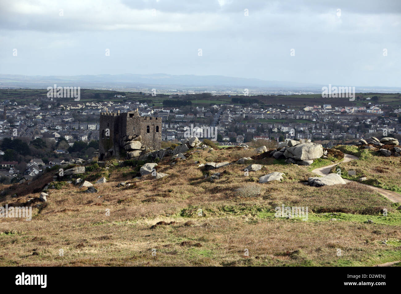 Carn Brae Burg und Restaurant oben Camborne und Redruth, Cornwall Stockfoto