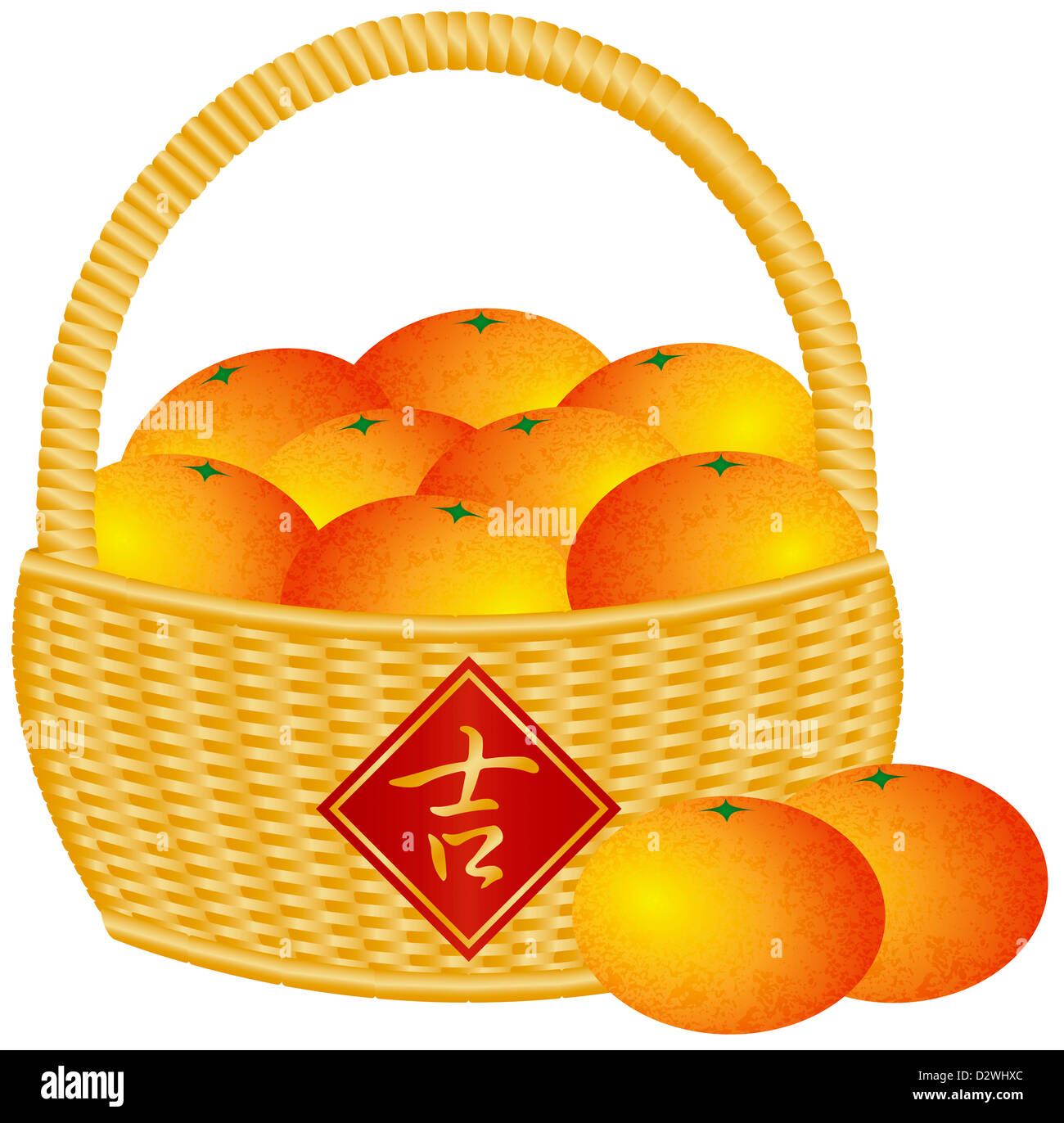 Chinesisches Neujahr-Korb mit Mandarinen mit Glück Textsymbol auf Zeichen isoliert auf weißem Hintergrund Illustration Stockfoto