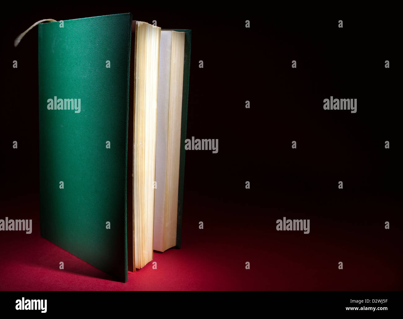 Altes grünes Buch in der Ecke auf rotem Grund. Stockfoto