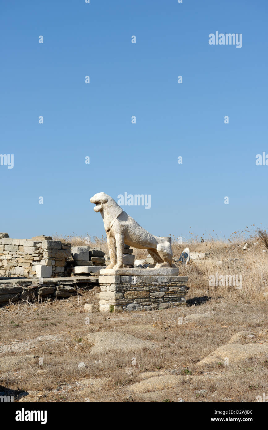 Delos. Griechenland. Große Reihe von fünf Marmorlöwe Skulpturen gefertigt und von der Bevölkerung im 7. Jahrhundert vor Christus. Stockfoto