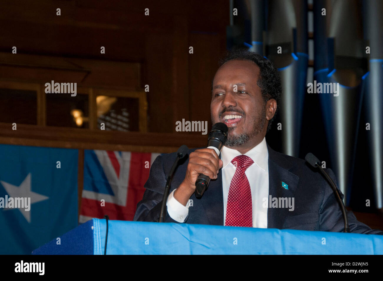 London, UK. 2. Februar 2013. Seine Exzellenz Herr Hassan Sheikh Mohamud Präsident der Bundes Republik Somalia spricht mit britischen Somalis in Central Methodist Hall. Stockfoto