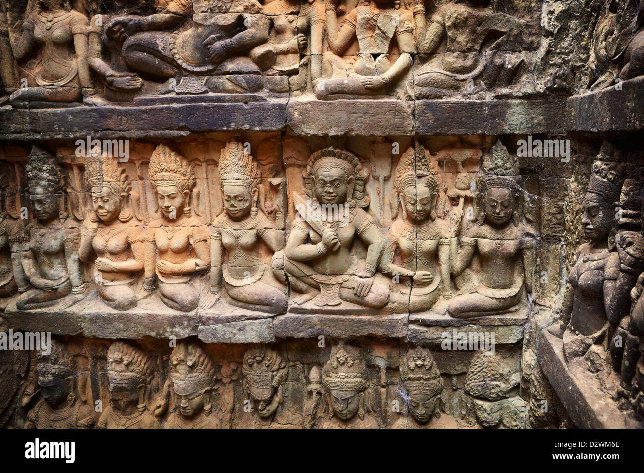 Die Terrasse des Aussätzigen Königs, Skulpturen von der Wand des Tempels, Angkor, Kambodscha, Asien Stockfoto