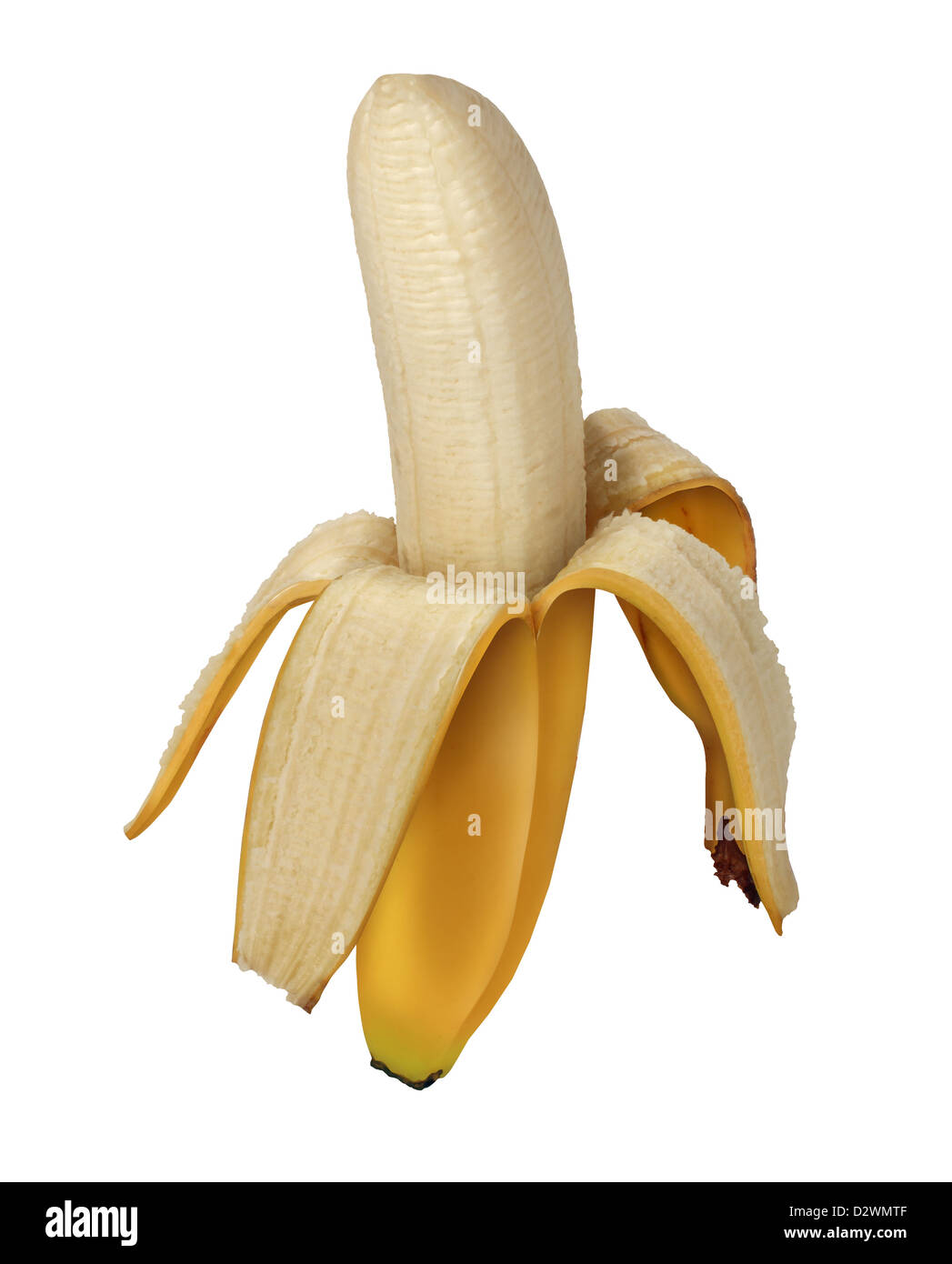 Banane geschält offen als Sinnbild für Obst und Gemüse für gesunde Ernährung und Bio-Anbau als eine Reife süße nahrhafte gesunde Ernährung aus ein tropisches Klima. Stockfoto
