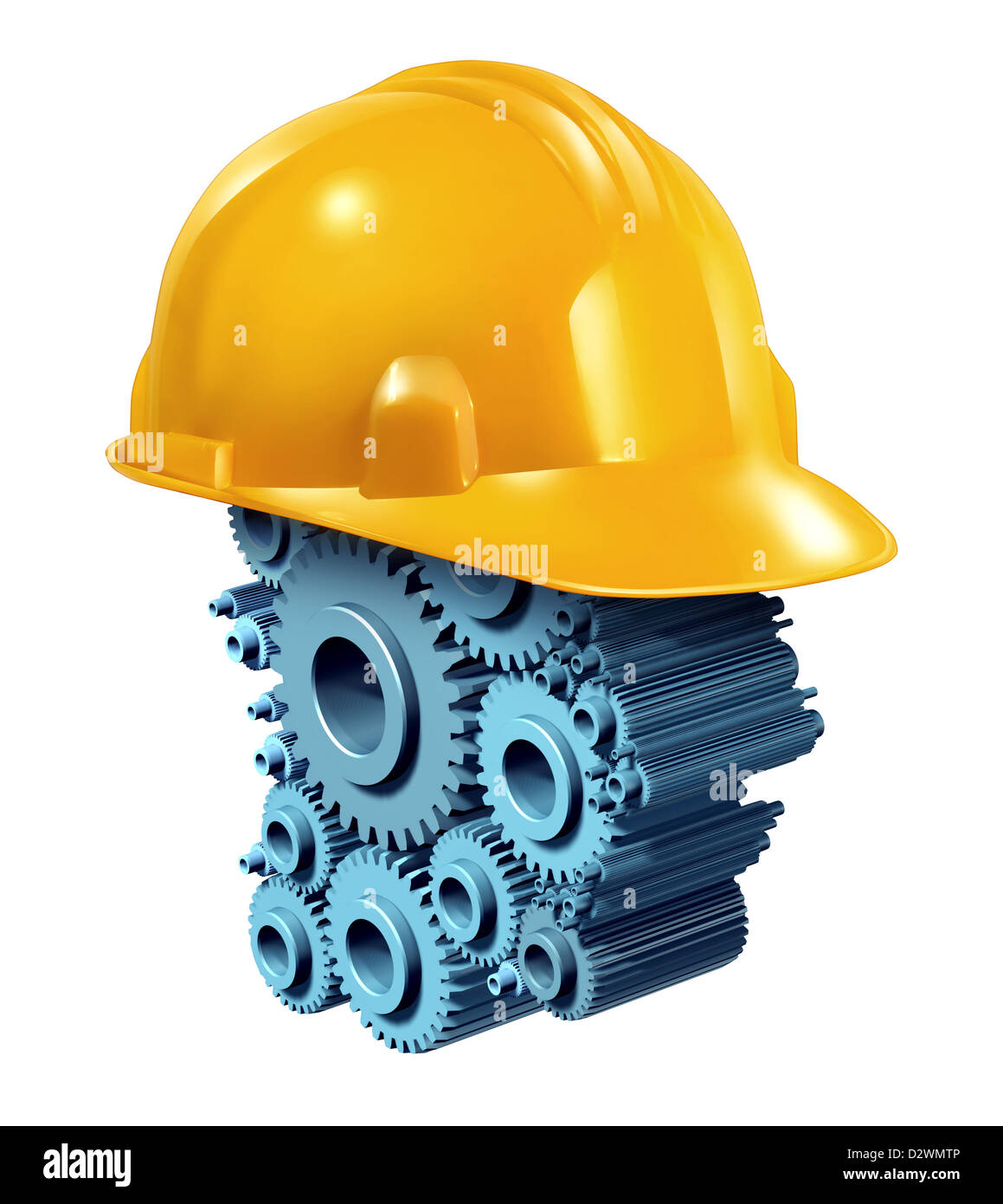 Bau Industrie Arbeitskonzept mit einem gelben Schutzhelm über einen menschlichen Kopfform aus Getriebe und Zahnräder als ein Gebäude Geschäft Symbol von Arbeitnehmern in Wohn-und Gewerbeimmobilien. Stockfoto