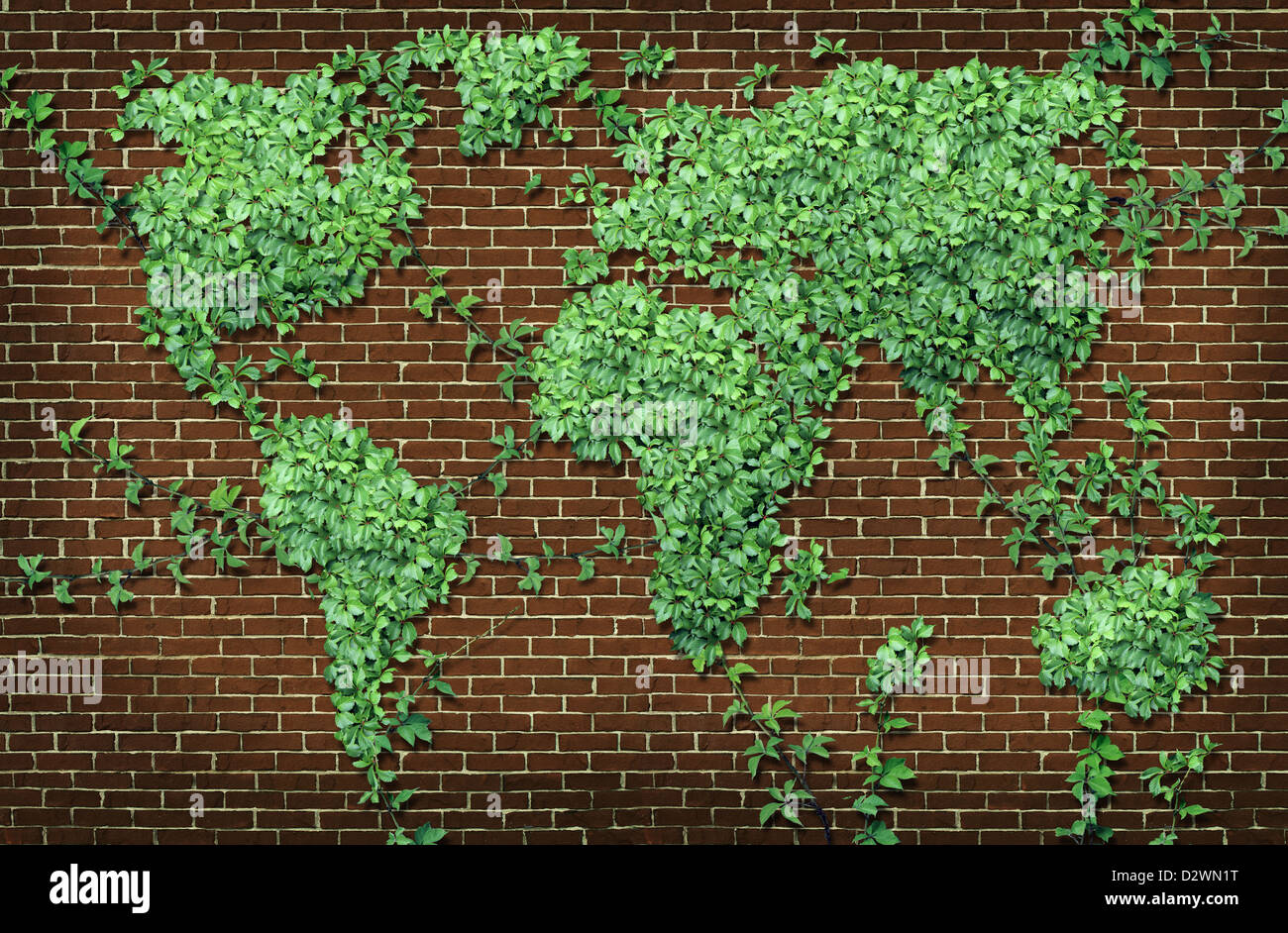 Globale Leaf Karte in Form eines wachsenden grünen Ranke Pflanze auf einer roten Backsteinmauer als ein Welt-Konzept von Netzwerkverbindungen mit der Stockfoto