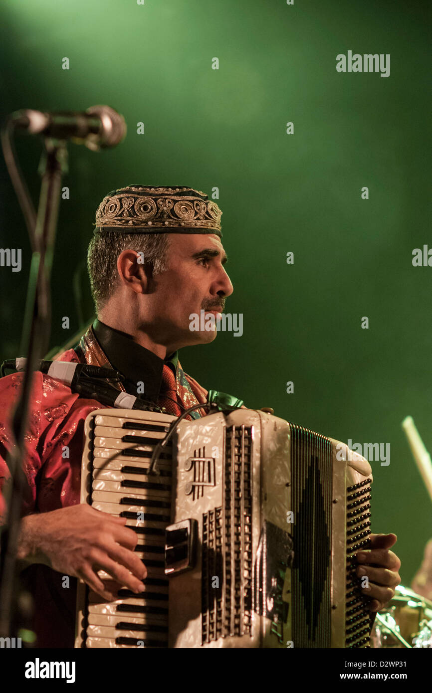 Israel. Ein Mitglied der Alaev Familie, ein Mehrgenerationen-Ensemble spielt traditionellen Musik aus Buchara, live auf der Bühne. Stockfoto