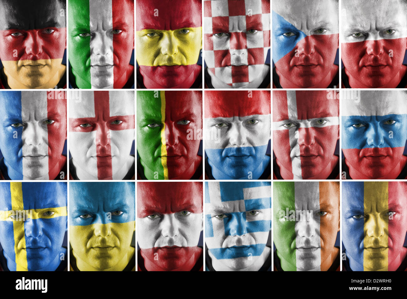 Collage aus Sport Fan Gesichter gemalt in großes europäisches Land Nationalflagge Farben Stockfoto