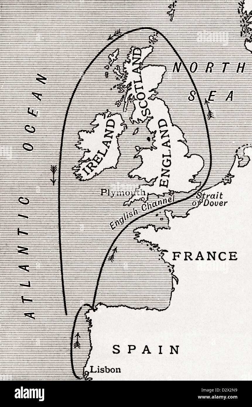 Karte zeigt die Route der spanischen Armada im Jahre 1588. Aus einer ersten Buch der britischen Geschichte veröffentlicht 1925. Stockfoto