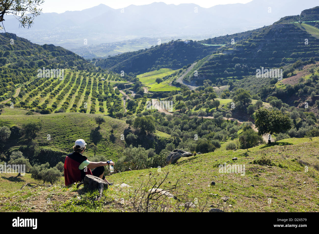 Weiblich, Blick auf die Sierra de Mijas über ein Rauch gefüllten Tal Andalusien Spanien Stockfoto