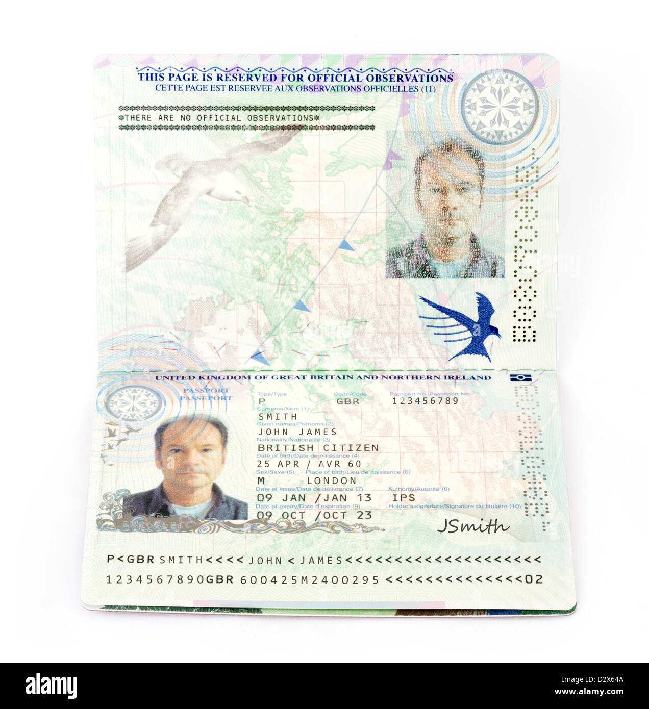 UK Passport. Eine Europäische Union biometrischen Pass für das Vereinigte Königreich (mit fiktiven Details) Stockfoto