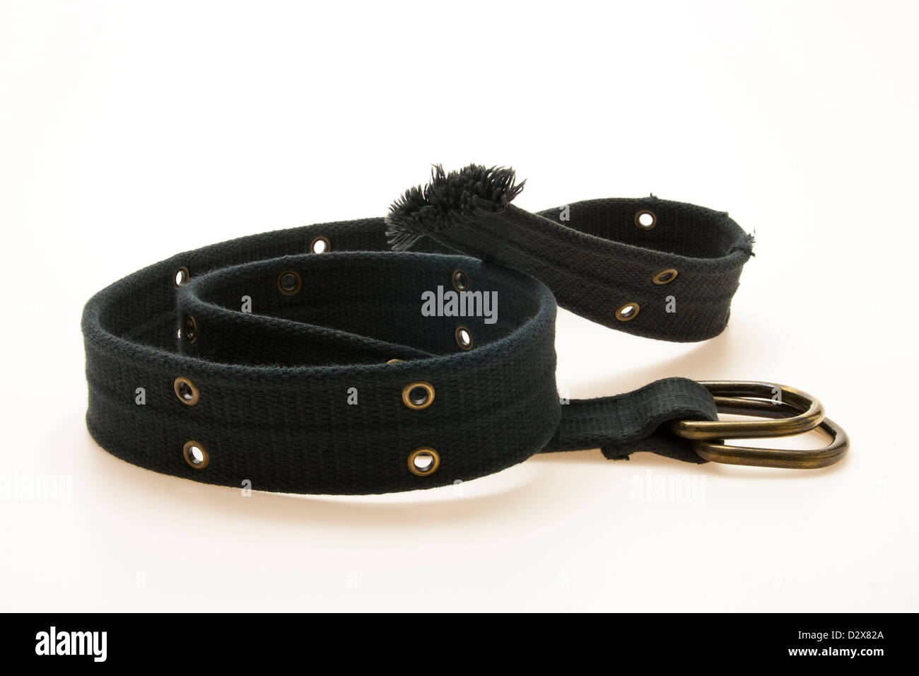 Dunkelblau, Textilband mit Metall Löchern und zwei Schnallen aus Metall. Stockfoto