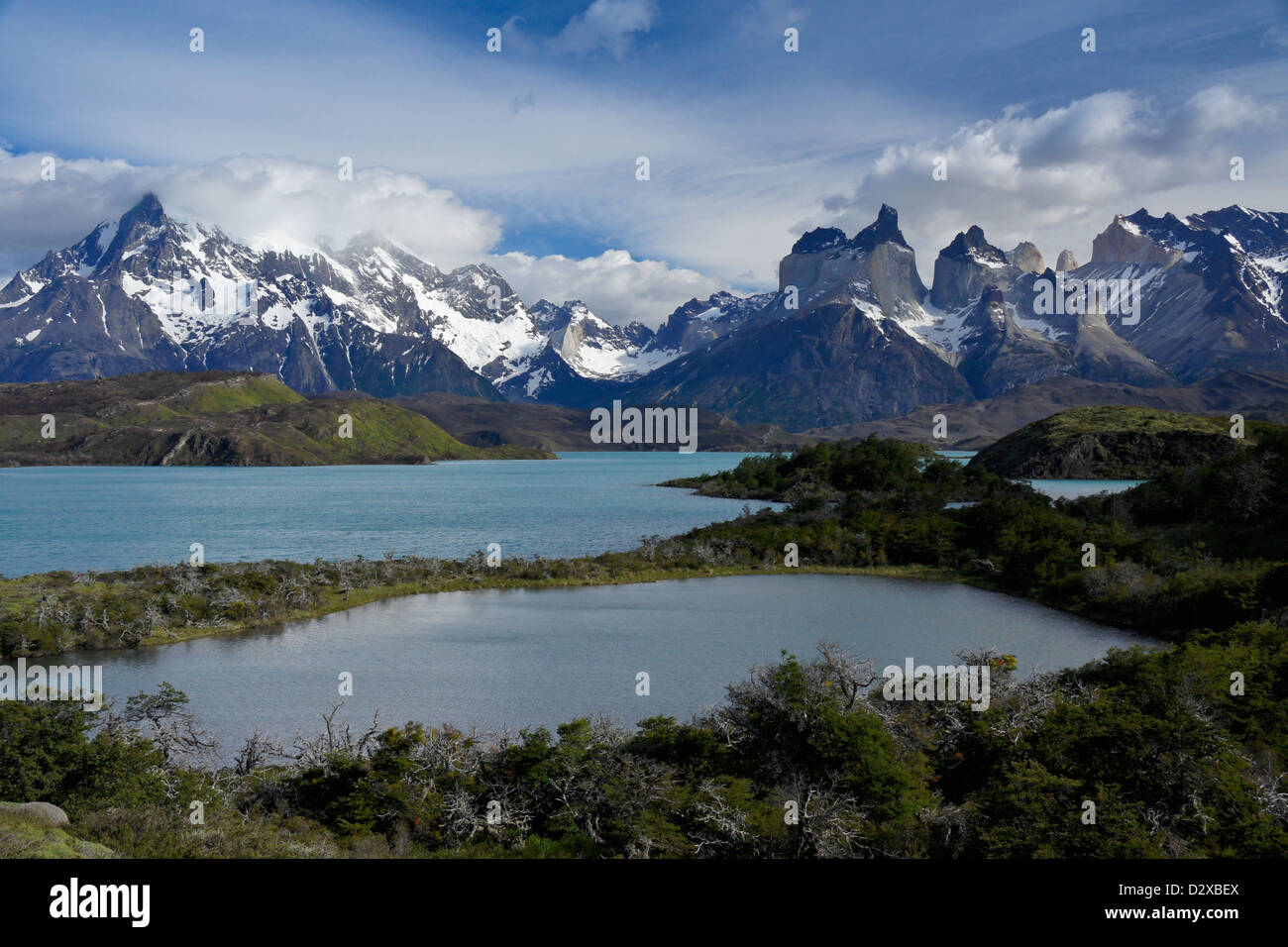 Lago Pehoe, Los Cuernos und Paine Grande, Torres del Paine Nationalpark, Patagonien, Chile Stockfoto