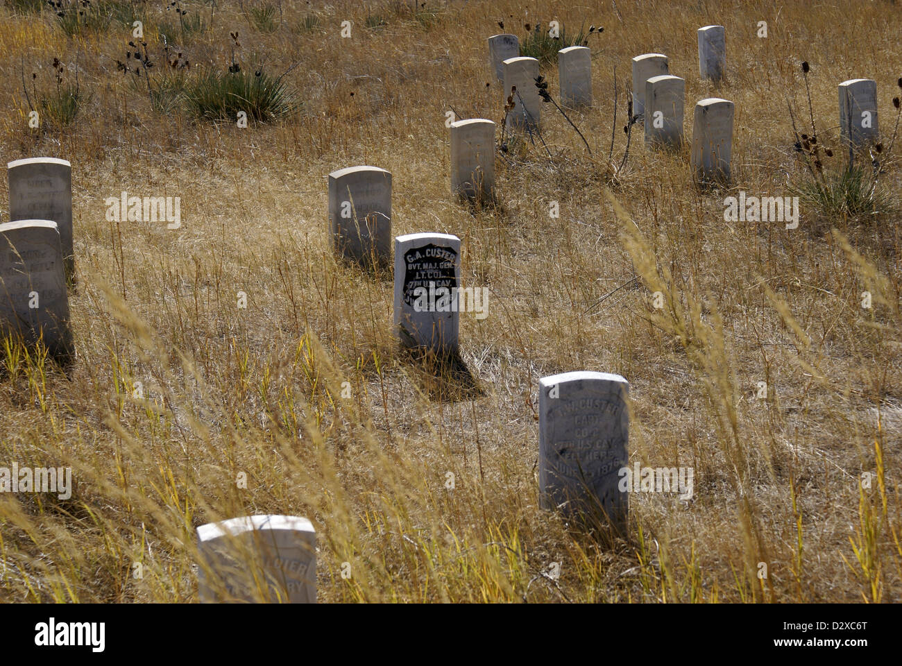 Grabsteine auf dem Little Bighorn Battlefield National Monument. Stockfoto