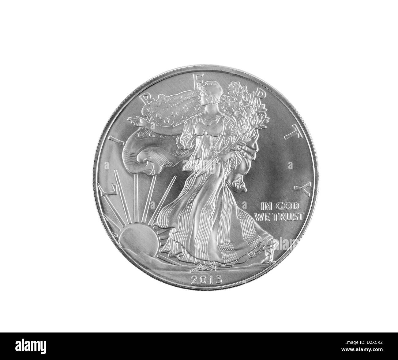 Makroaufnahme der brandneuen 2013 gehen die Freiheit, Avers Position, feine Silberdollar isoliert auf weißem Hintergrund Stockfoto