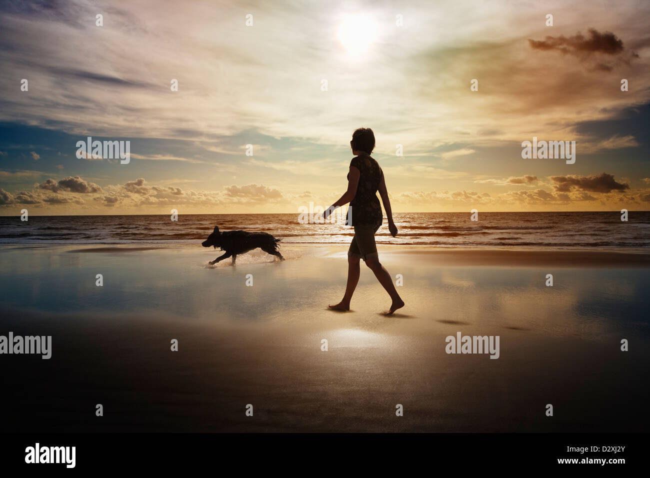 Silhouette der Frau und Hund am Strand spazieren Stockfoto