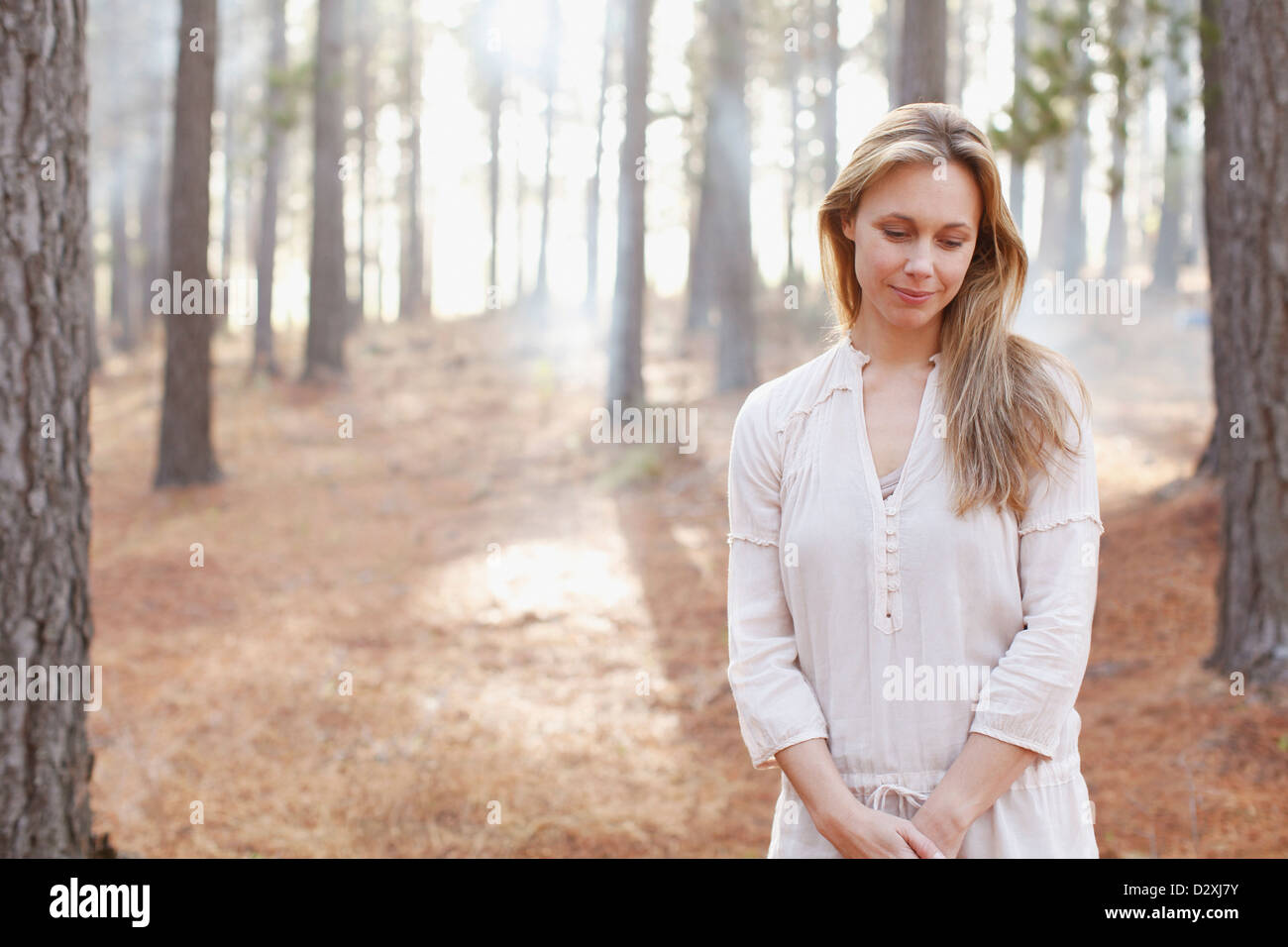 Porträt von ruhigen Frau im sonnigen Wald Stockfoto