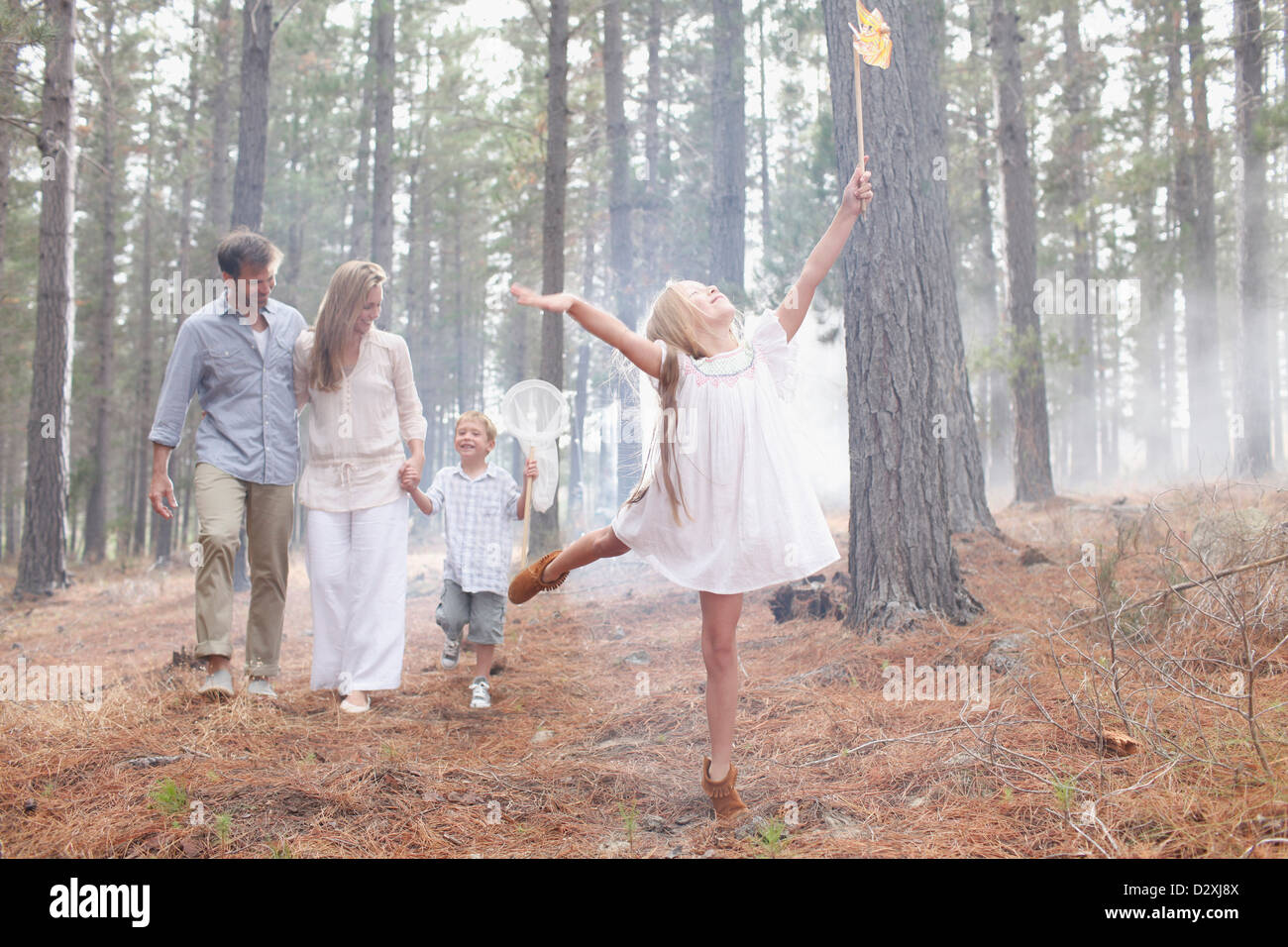 Glückliche Familie mit Schmetterling Netze im sonnigen Wald Stockfoto