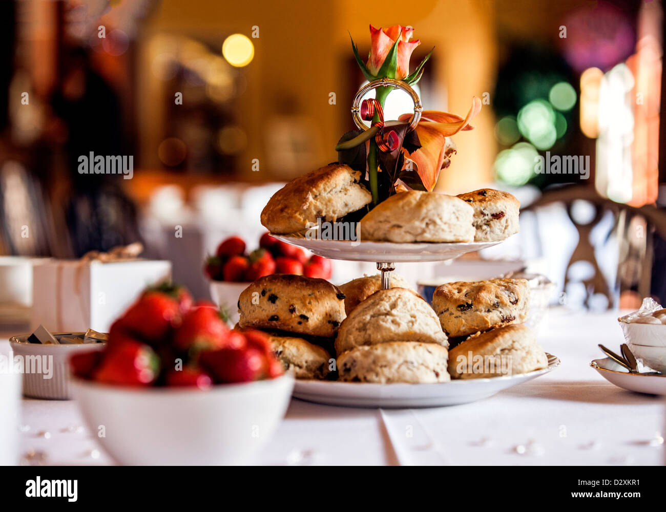 Eine Tabelle aus und legte für eine englische Creme Nachmittagstee mit frisch gebackenen Scones, Clotted Cream und Erdbeeren Stockfoto