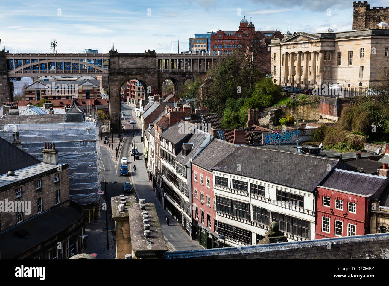 Ansichten aus der Tyne Brücke über die Dächer und Kai und Seite Newcastle Upon Tyne, Tyne and Wear, UK Stockfoto